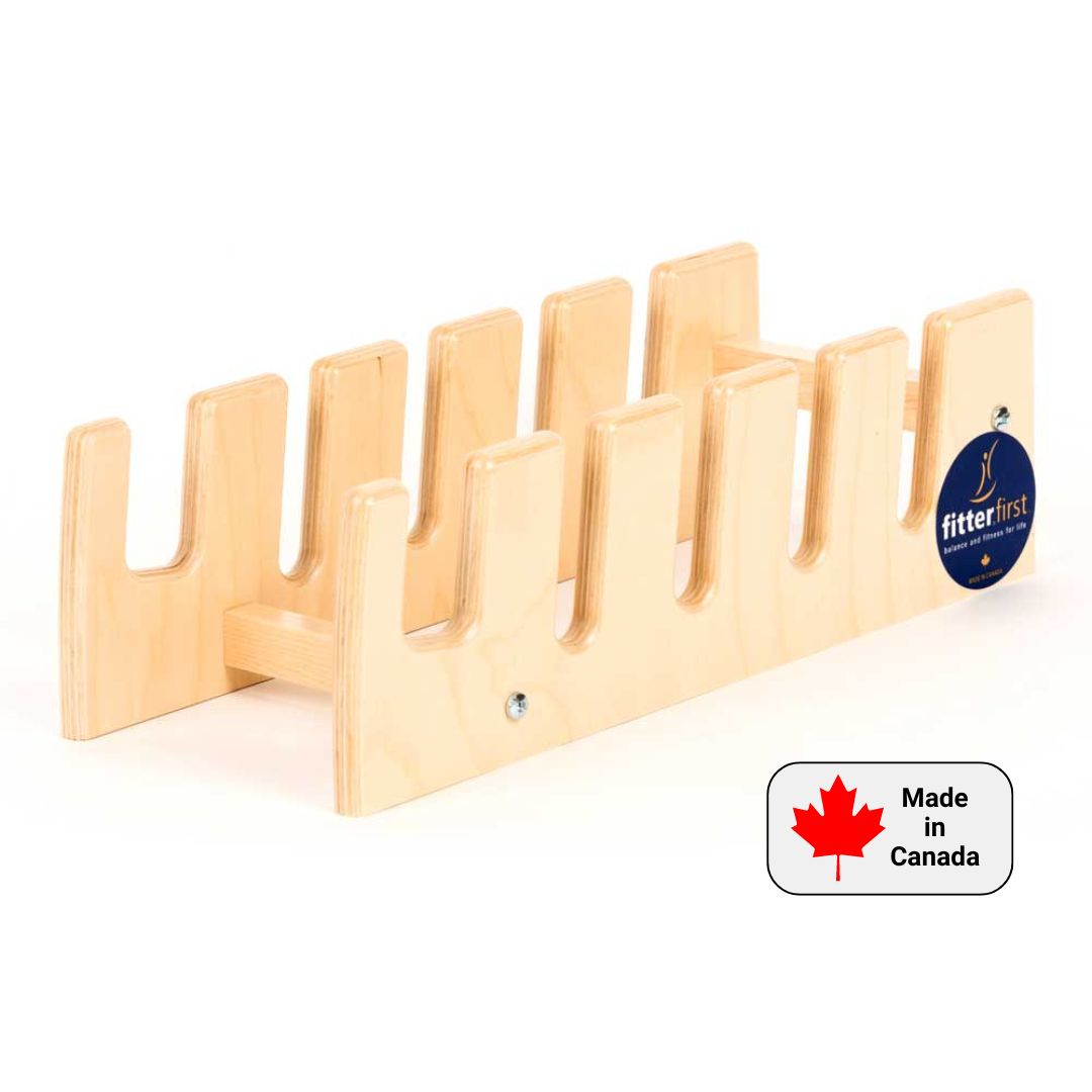 wobble board stand, wobble board rack, storage for balance boards by Fitterfirst, Made in Canada board stand