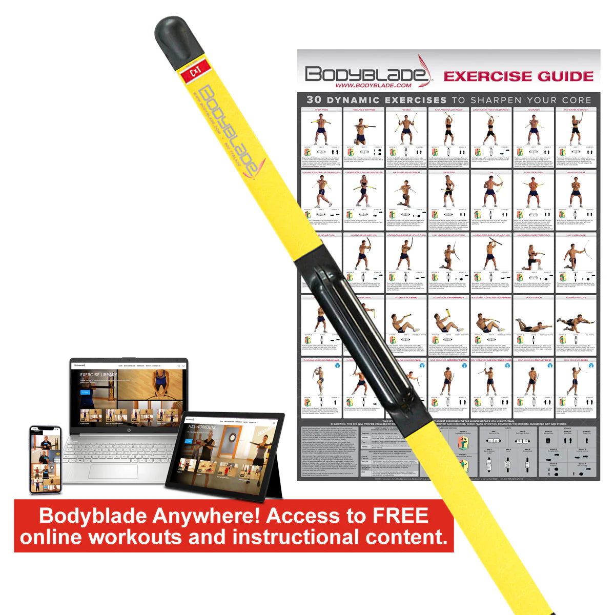 Bodyblade CXT with Guide contains 30 dynamic exercises and access to Free Online workouts 