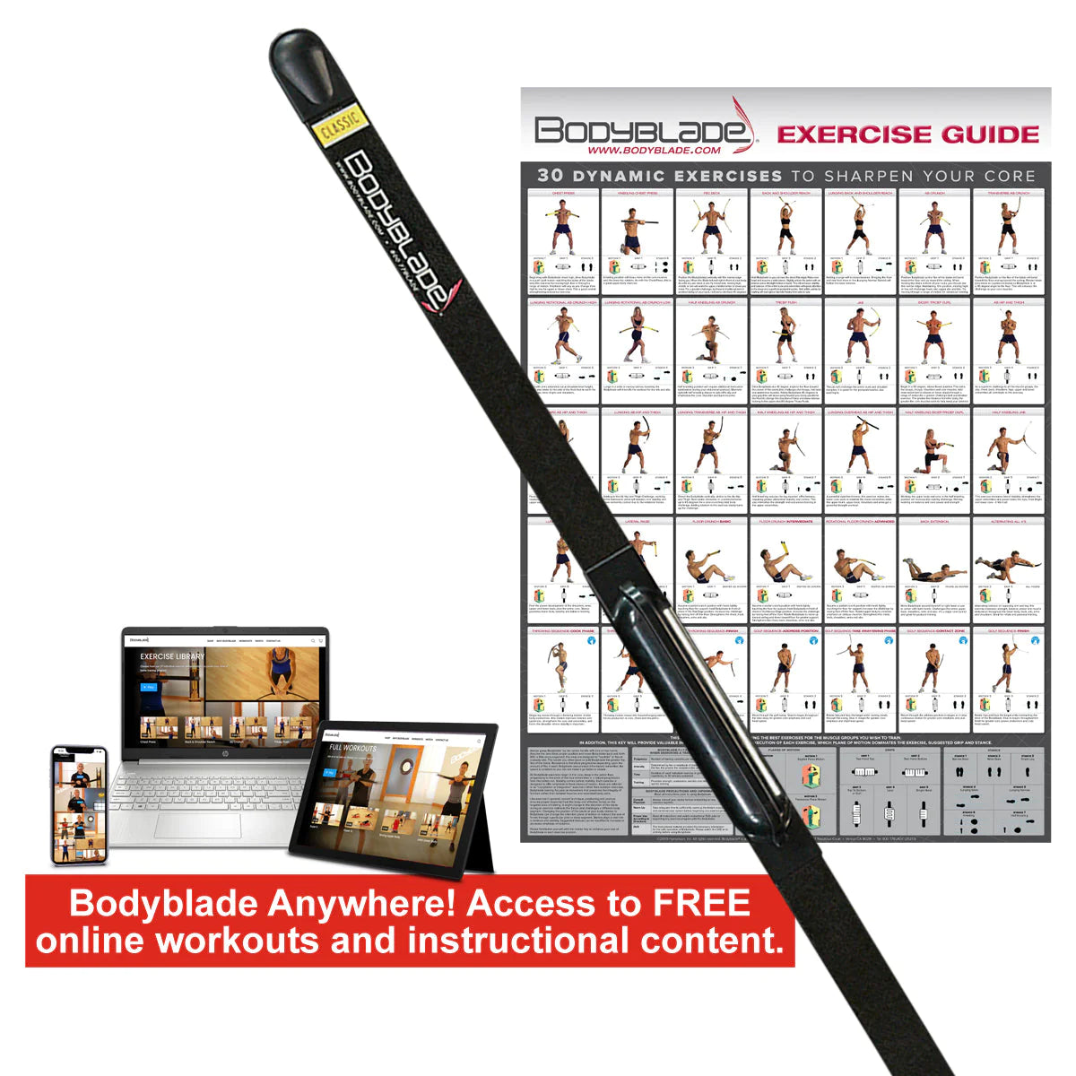 Bodyblade Classic with Guide contains 30 dynamic exercises and access to Free Online workouts 