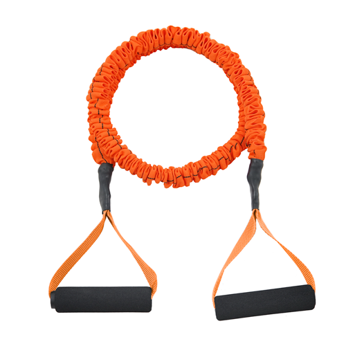 An orange covered resistance band with black handles, designed for fitness and strength training, medium resistance by Stroops shipping from Canada