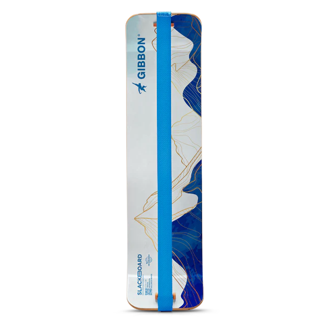 Gibbon Slackboard with blue strap and blue and white mountain design on a white background