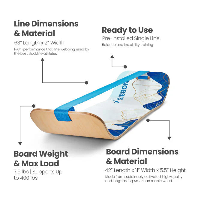 Gibbon Slackline Board with dimensions and material details 42" long x 11" wide x 5.5" high with high performance trick line used by the best slackline athletes