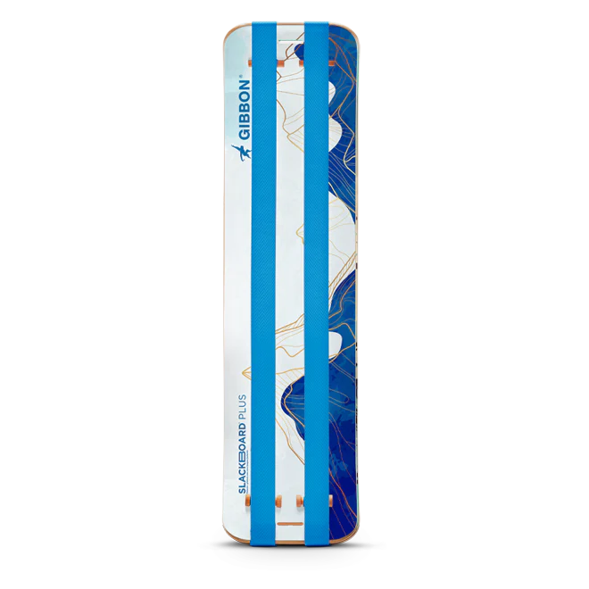 Gibbon Blackboard Plus with blue abstract mountain design and two slack lines