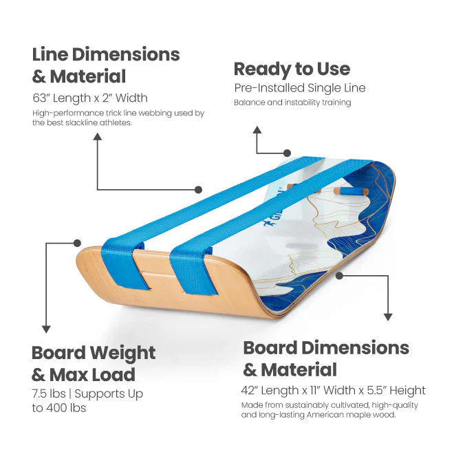 SlackBoard Mountain blue and white design with high performance trick line webbing, ready to use with pre-installed single line for balance training, board is 7.5lbs and supports up to 400lbs, made from long-lasting and sustainable maple wood now shipping from Canada