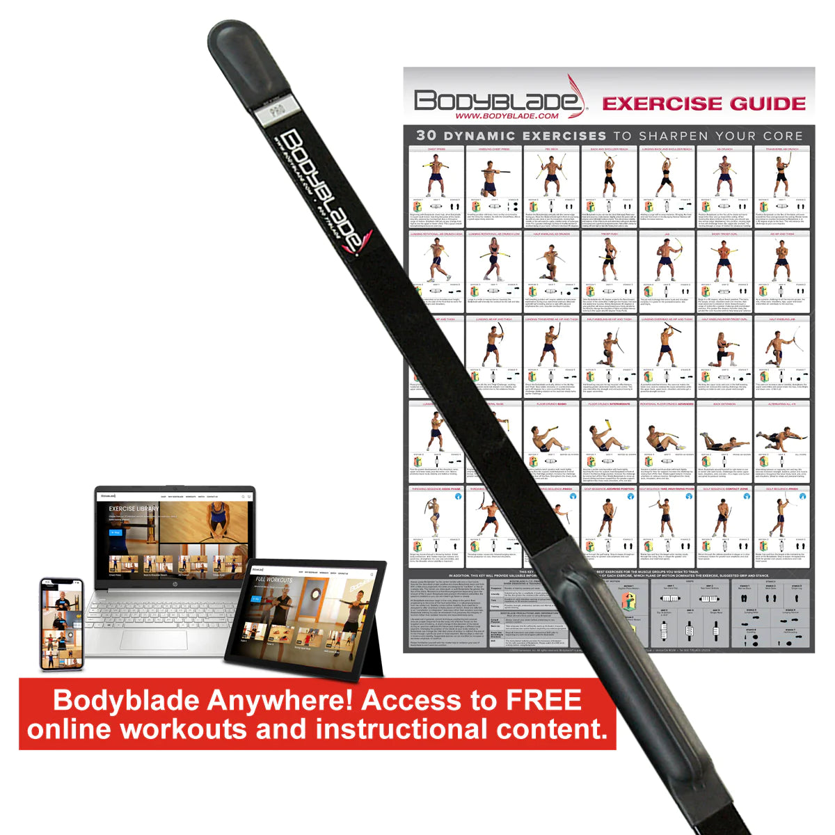 Bodyblade PRO with Guide contains 30 dynamic exercises and access to Free Online workouts 