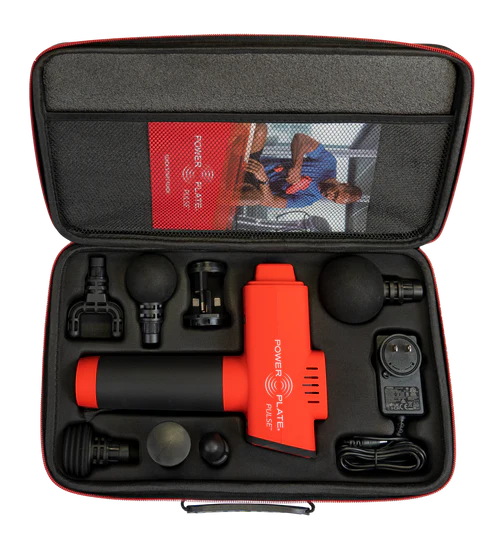 Power Plate Pulse case with 6 attachments, portable percussion massager, travel friendly massage gun from Power Plate, premium massage gun with 6 intensity levels