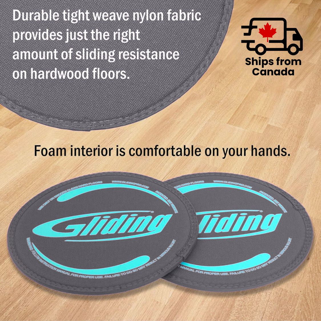 Gray gliding Disc on a wooden floor, with durable nylon weave fabric and foam interior for hand comfort.