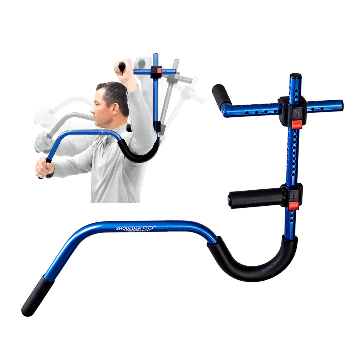 A physical therapy device for shoulder flexibility, shown with a person using it, and the device isolated on a white background.