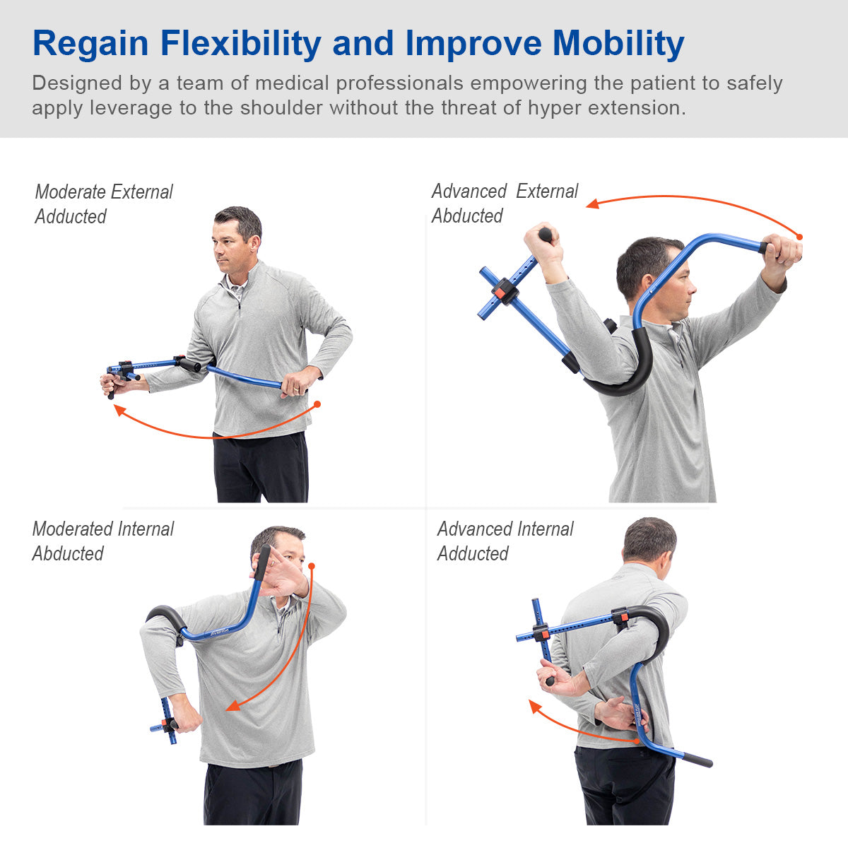 man demonstrating Moderate External Adducted, Advanced External Abducted, Moderated Internal Abducted, Advanced Internal Adducted shoulder stretches using the ProStretch ShoulderFlex