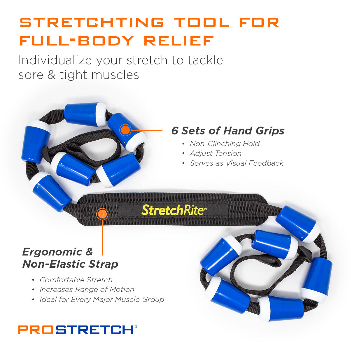 stretching tool to tackle sore and tight muscles with comfort grip handles and ergonomic strap