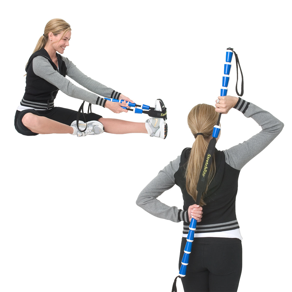 Two images showing a person using a blue and black StretchRite stretch strap for stretching. One image is from a side perspective, and the other is from a rear perspective, demonstrating the versatility of the product.