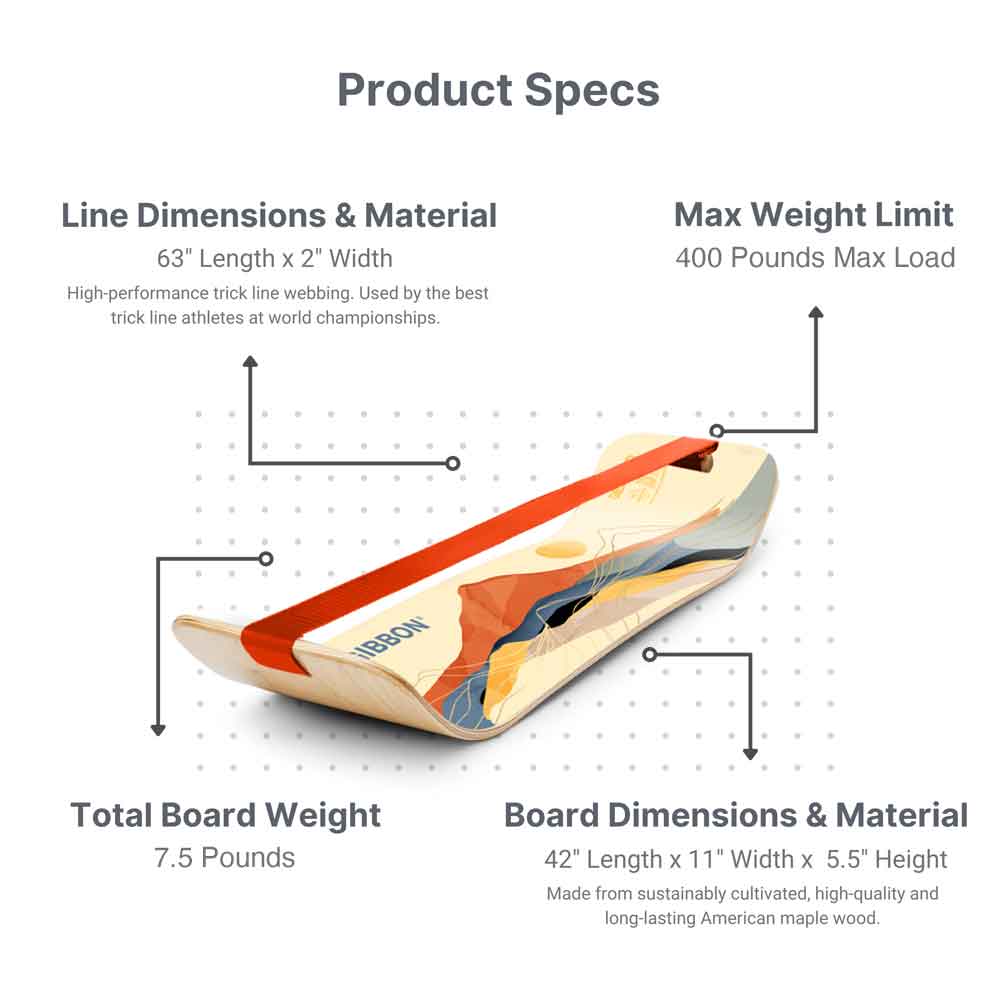 Product specs for advanced balance training tool SlackBoard with max weight load of 400lbs but a board weight of 7.5lbs and high performance trick line webbing