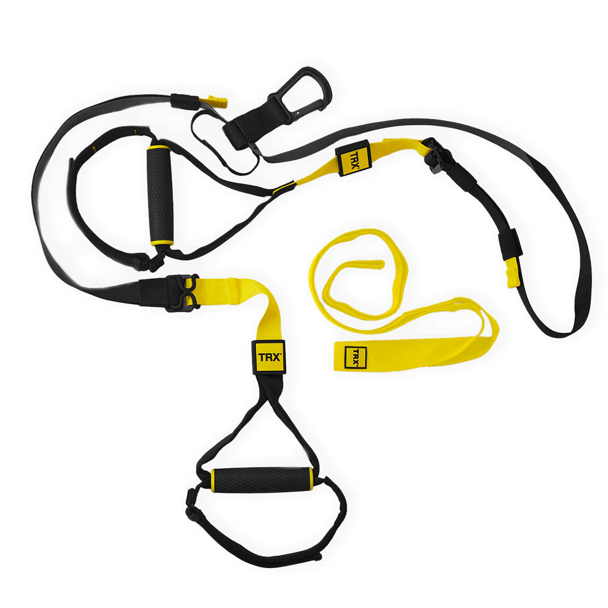 TRX Commercial Suspension Trainer with yellow and black straps, durable rubber handles, and padded triangles. Ships from Canada