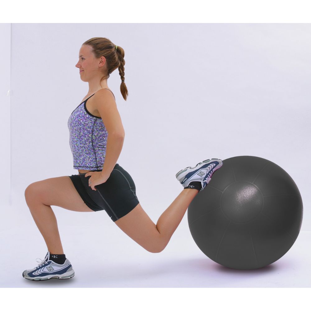 woman performing a modified lunge with a professional quality stability ball with a 2200 lb static weight limit, burst resistant to 500lbs