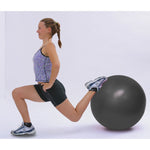 woman performing a modified lunge with a professional quality stability ball with a 2200 lb static weight limit