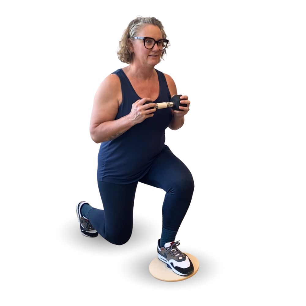 Adding balance challenge to weighted lunge with Fitterfirst Weeble Boards, ships from Canada 