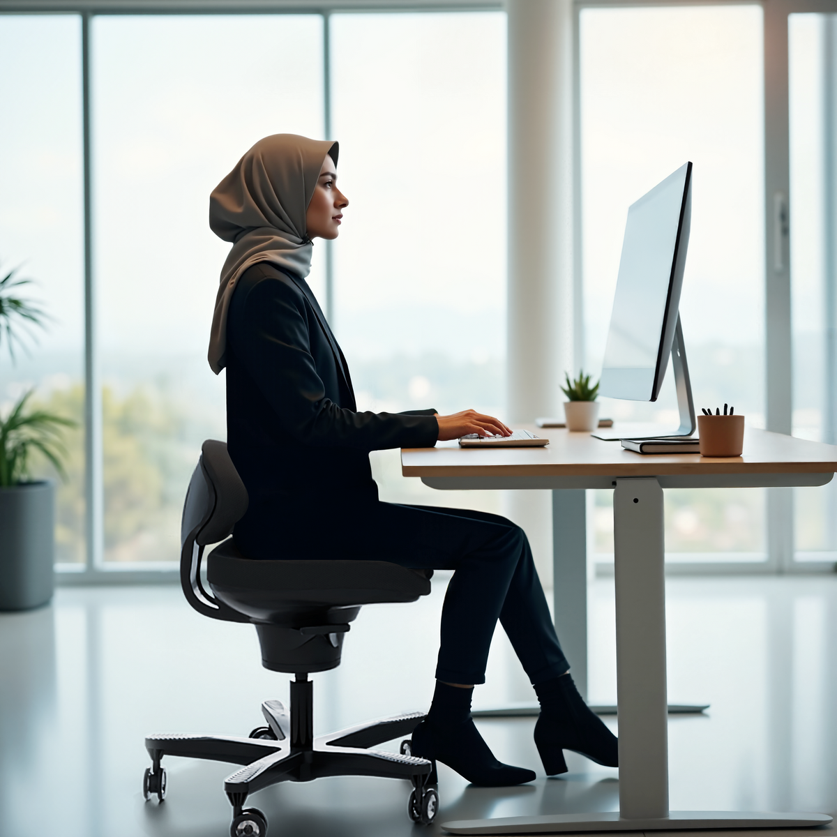 woman sitting at desk on CoreChair Classic in black for optimal sitting posture