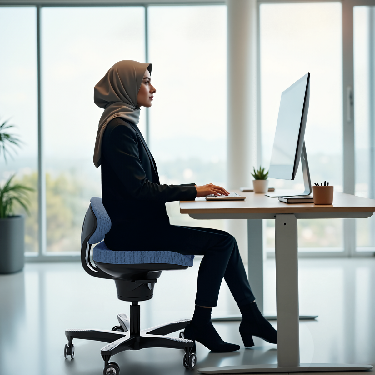 woman at desk sitting in CoreChair Classic in dusted blue for optimal posture