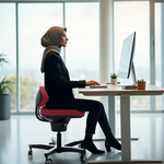 woman sitting at a desk in the CoreChair Classic in colour coral for optimal posture