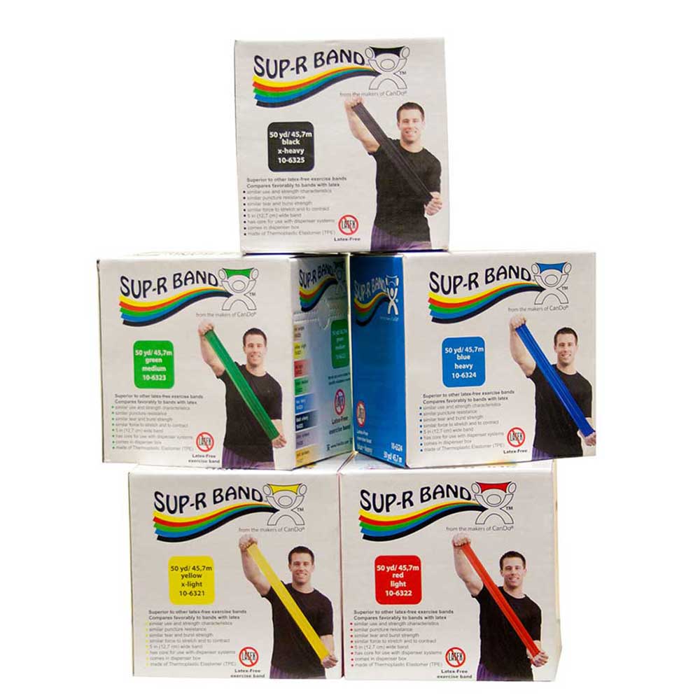 50 yard rolls of resistance bands in dispenser boxes, all latex-free in Extra light - yellow, light - red, medium - green, heavy - blue and extra heavy - black resistance 