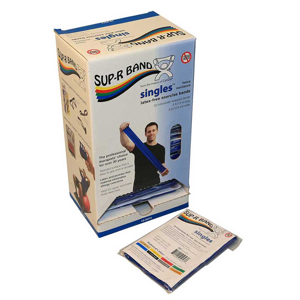 blue heavy resistance latex-free exercise banding pre-cut in 5 foot lengths and individually wrapped in dispenser box for clinics in Canada, resistance bands for Canadian physio clinics
