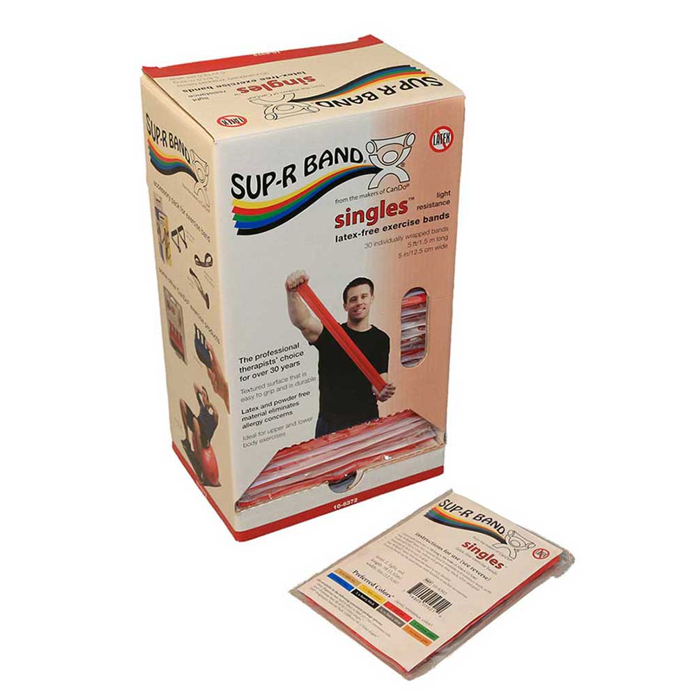 red light resistance latex-free exercise banding pre-cut in 5 foot lengths and individually wrapped in dispenser box for Canadian clinics