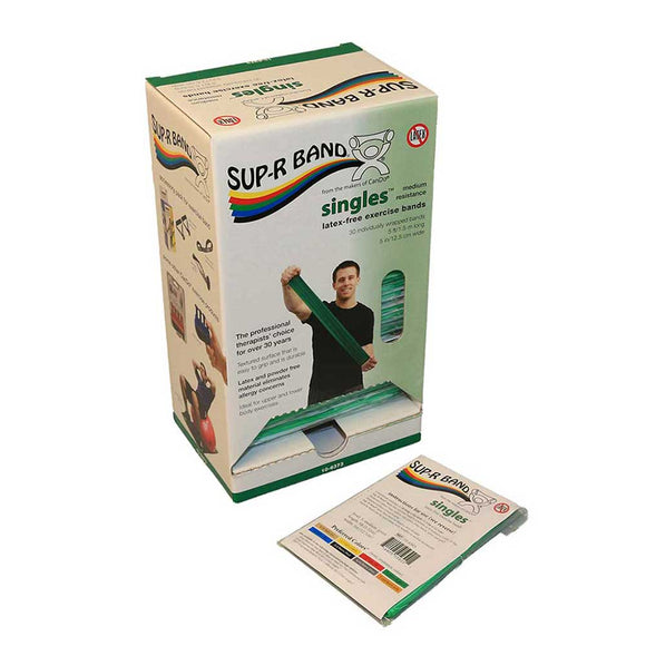 green medium resistance latex-free exercise banding pre-cut in 5 foot lengths and individually wrapped in dispenser box for clinics, resistance bands for Canadian physio clinics