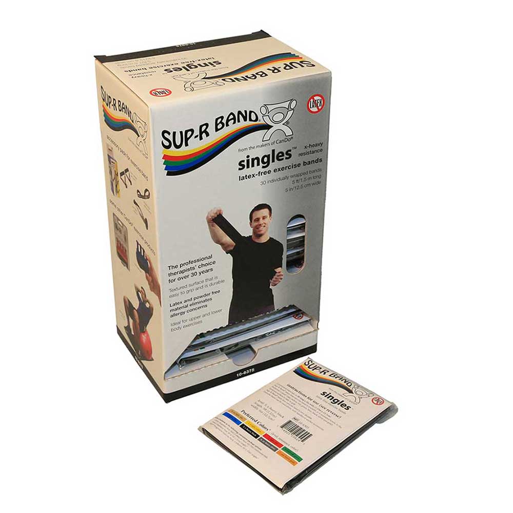 black extra heavy resistance latex-free exercise banding pre-cut in 5 foot lengths and individually wrapped in dispenser box for clinics in Canada, resistance bands for Canadian fitness and athletic training