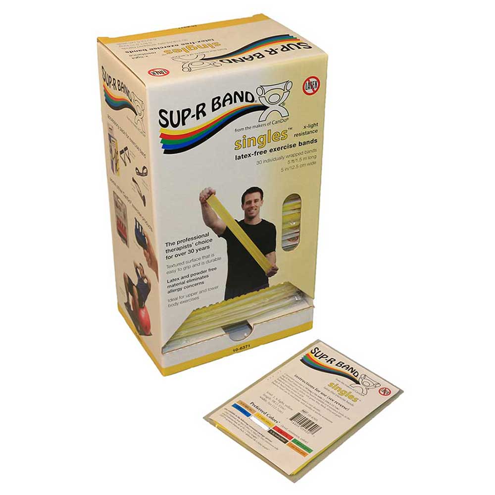 yellow extra light resistance latex-free exercise banding pre-cut in 5 foot lengths and individually wrapped in dispenser box for clinics in Canada, resistance bands for Canadian physio clinics