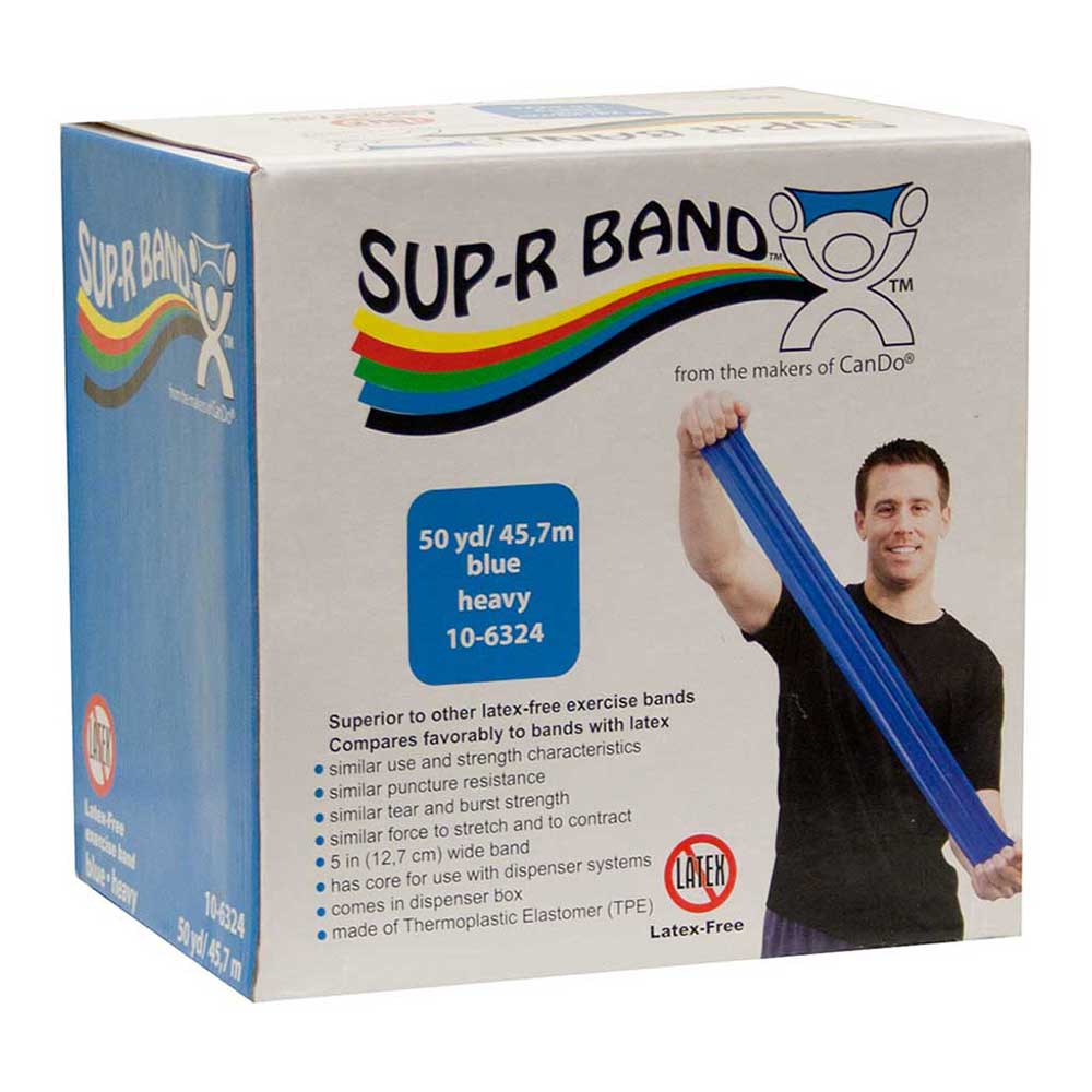 50 yard roll of latex free resistance banding in dispenser box, cut this heavy resistance blue band to any length you need, more durable than Theraband