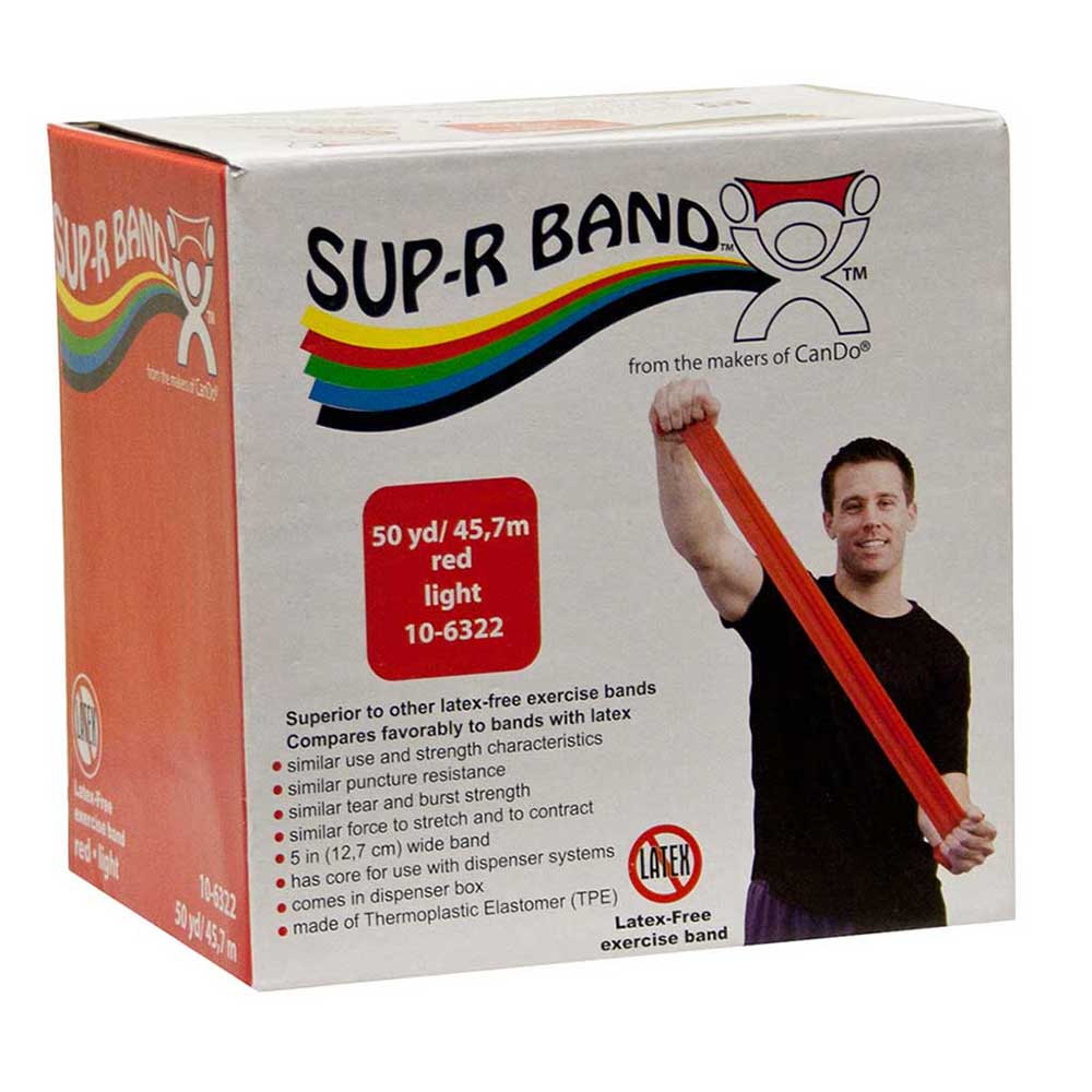 50 yard roll of latex free resistance banding in dispenser box, cut this light resistance red band to any length you need, more durable than Theraband