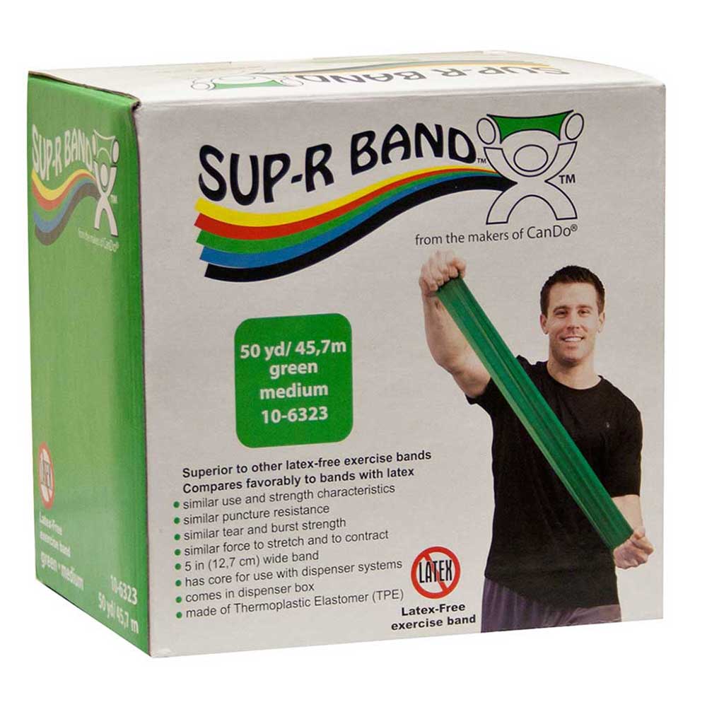 50 yard roll of latex free resistance banding in dispenser box, cut this medium resistance green band to any length you need, more durable than Theraband