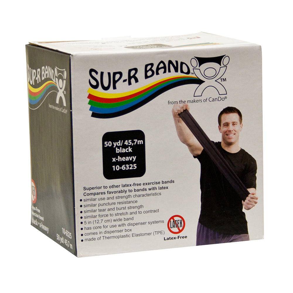 50 yard roll of latex free resistance banding in dispenser box, cut this x-heavy resistance black band to any length you need, more durable than Theraband