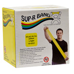 50 yard roll of latex free resistance banding in dispenser box, cut this x-light yellow band to any length you need, more durable than Theraband