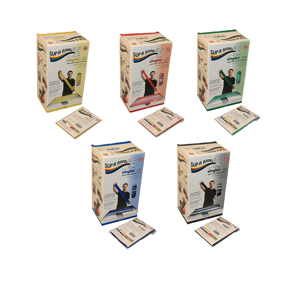 SUP-R Band latex free resistance exercise bands in dispenser boxes of 30 pre-cut individually wrapped 5 foot lengths in extra light to extra heavy resistance levels