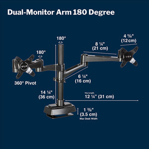 dual monitor arm specs, dual monitor arm dimensions, desk mount monitor arm for two monitors, vari dual monitor arm 180 degree